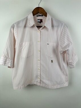 Vintage Tommy Hilfiger Pink Striped Button Down Boxy Shirt Preppy Short Sleeve